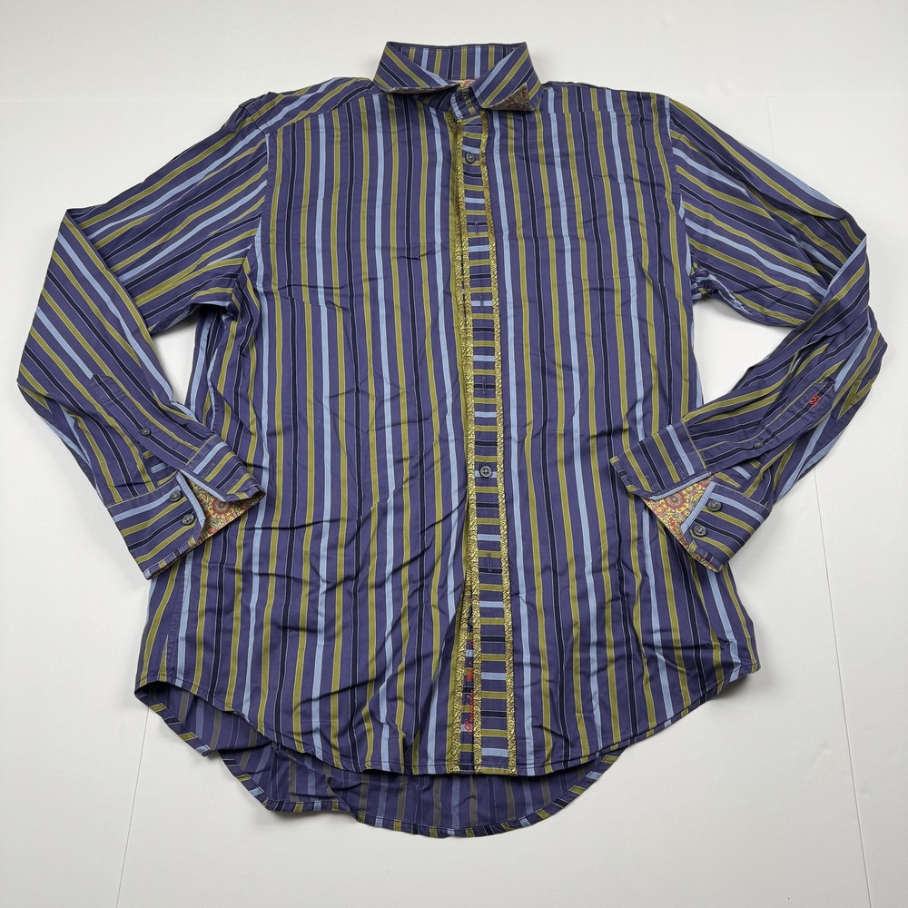 Robert Graham Shirt Mens Large Striped Long Sleeve Button Up Embroidered Casual